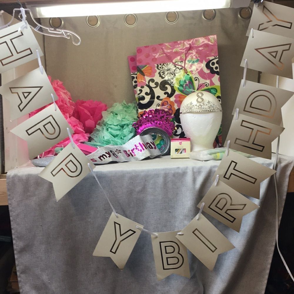 8th birthday party with birthday banner , small decor, tiara and sash